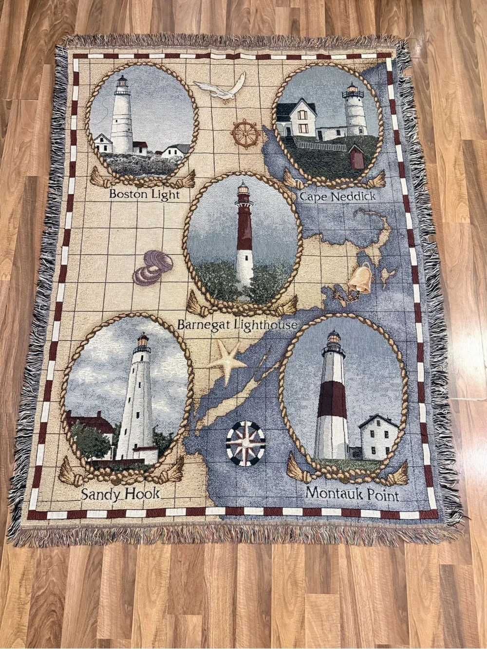 Vintage Lighthouses Of The Northeast Tapestry Blanket Throw Nautical 71”x52”